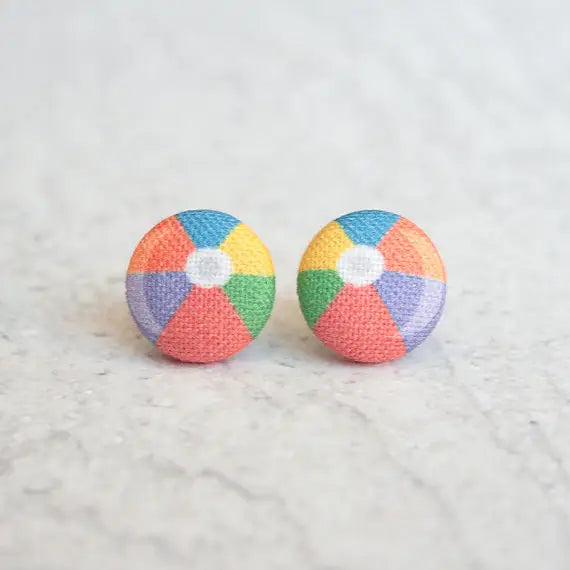 Beach Ball Fabric Button Earrings