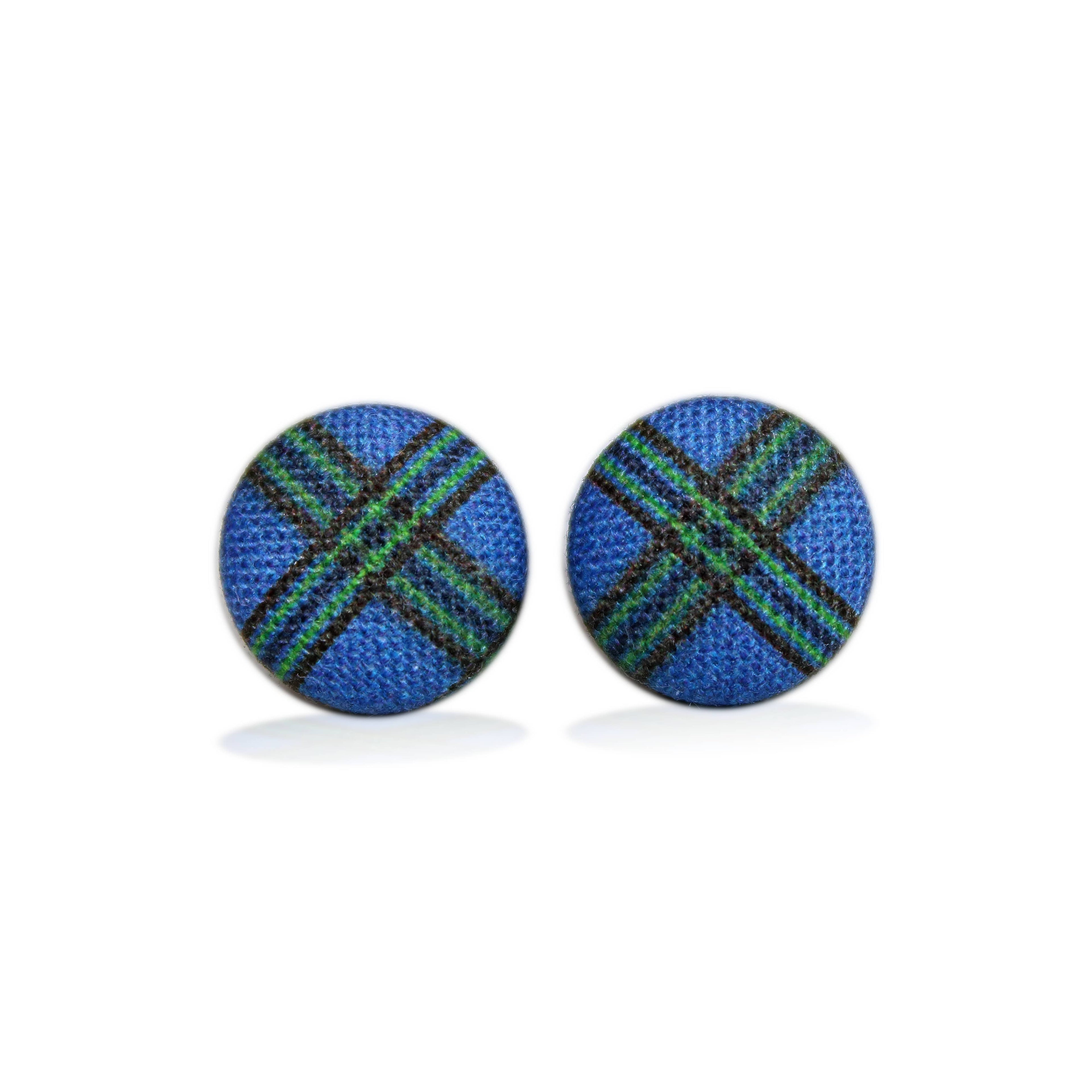Blue Plaid Fabric Button Earrings