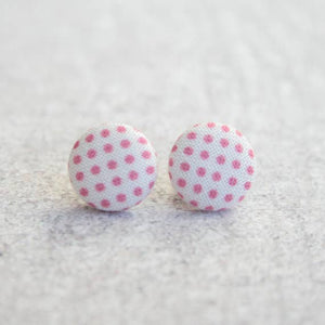 Pink Polka Dot Fabric Button Earrings