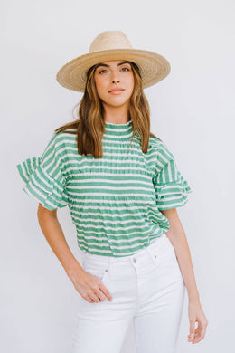 Green and White Stripe Flutter Top