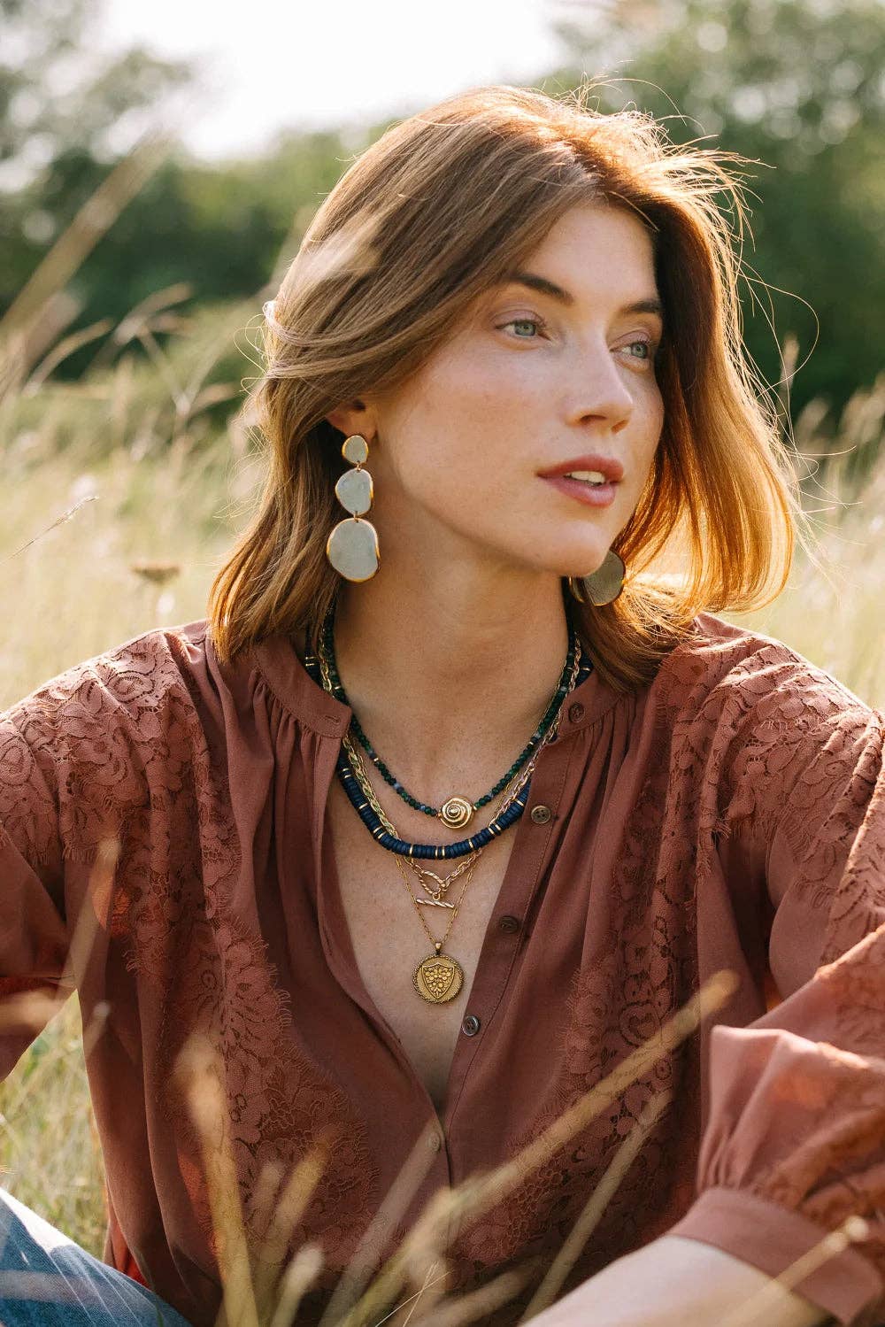 Gold Casted Snail Agate Beaded Necklace
