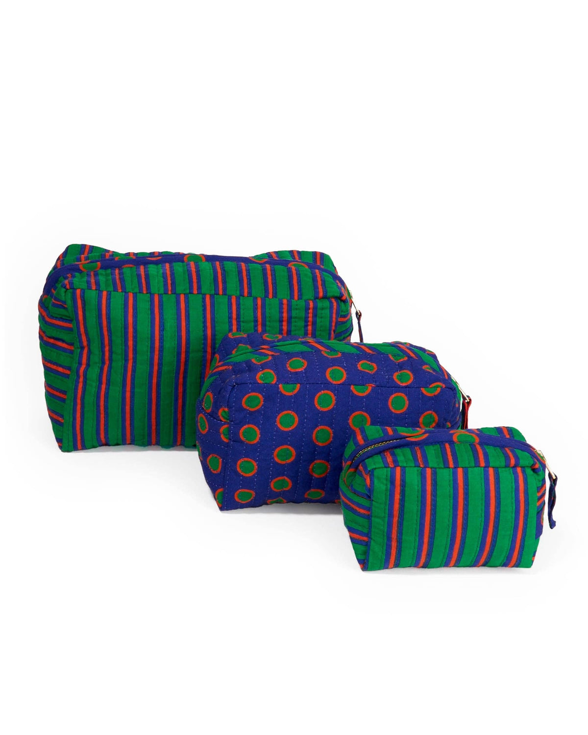 Frenchie 3 Piece Cosmetic Bag Set Navy + Green