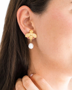 Gold Bee and Genuine Freshwater Pearl Earrings | Susan Shaw