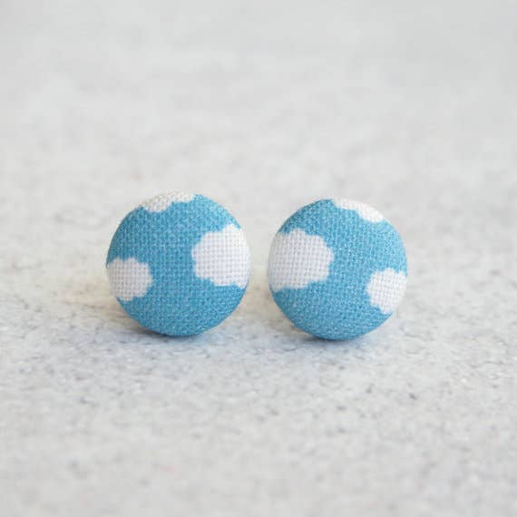 Blue Skies Fabric Button Earrings