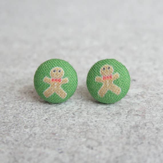 Gingerbread Men Fabric Button Earrings