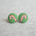Candy Canes Fabric Button Earrings