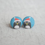 Santa Penguin Fabric Covered Button Earrings