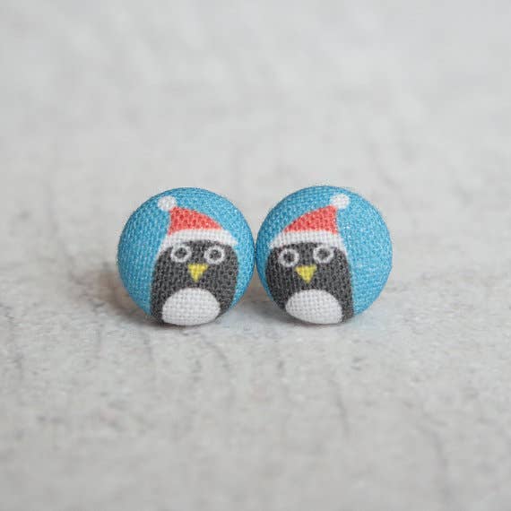 Santa Penguin Fabric Covered Button Earrings