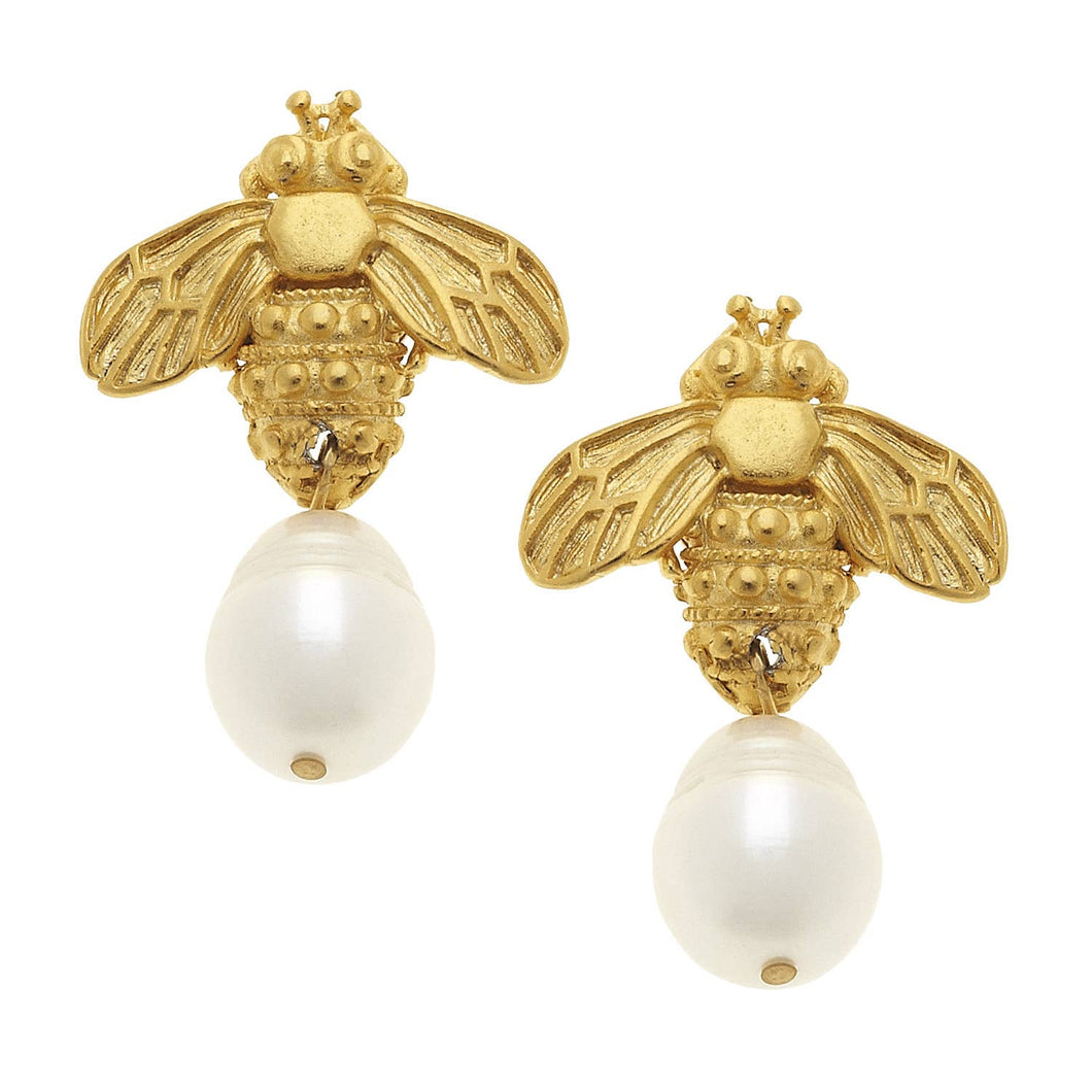 Gold Bee and Genuine Freshwater Pearl Earrings | Susan Shaw