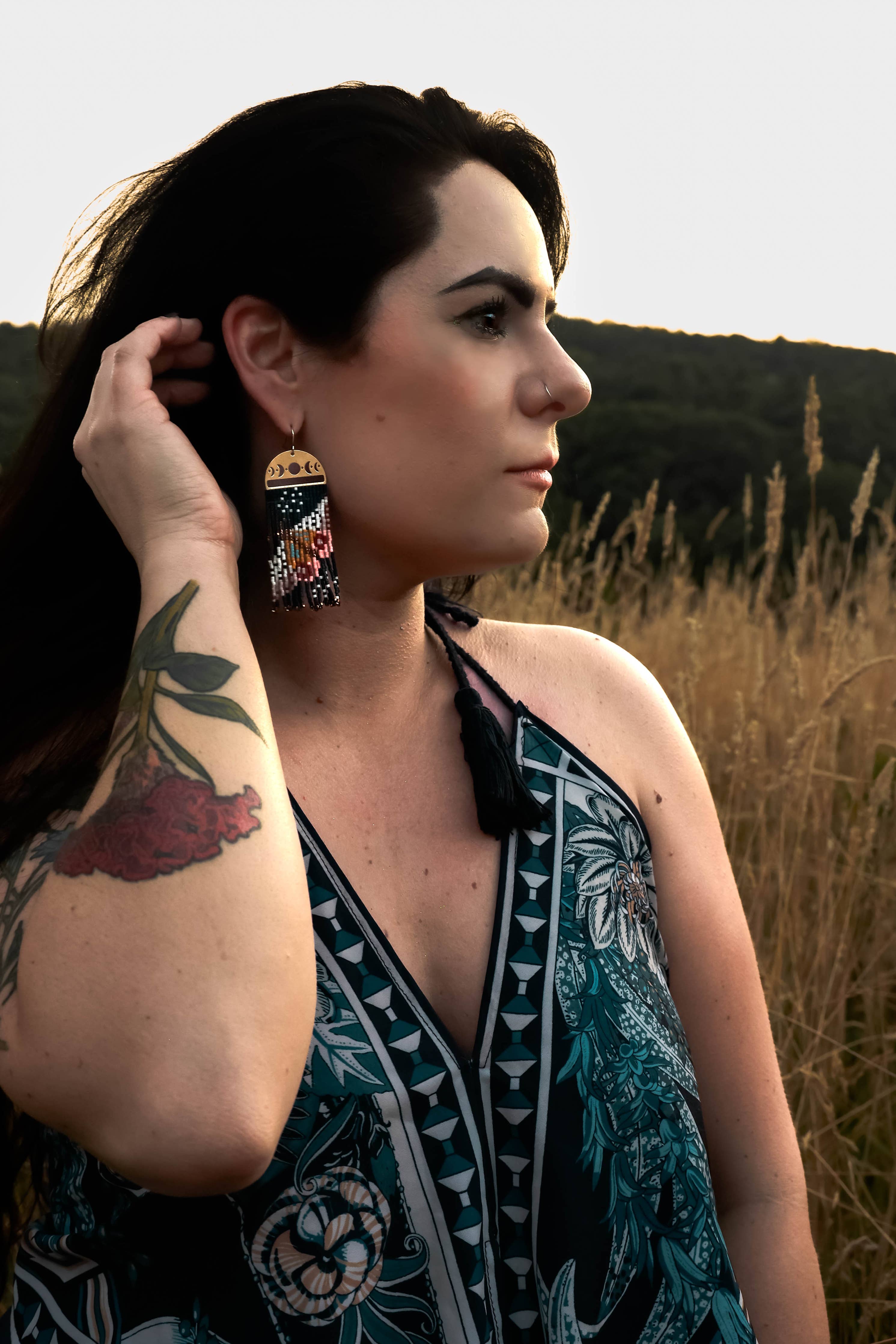 Beaded Handwoven Moonlit Moth Fringe Earrings