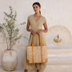 Oversized Rattan Square Weave Tote - Brown Leather