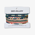 Sage Mixed Stripe Beaded 10 Strand Stretch Bracelet Set Teal + Poppy Wholesale