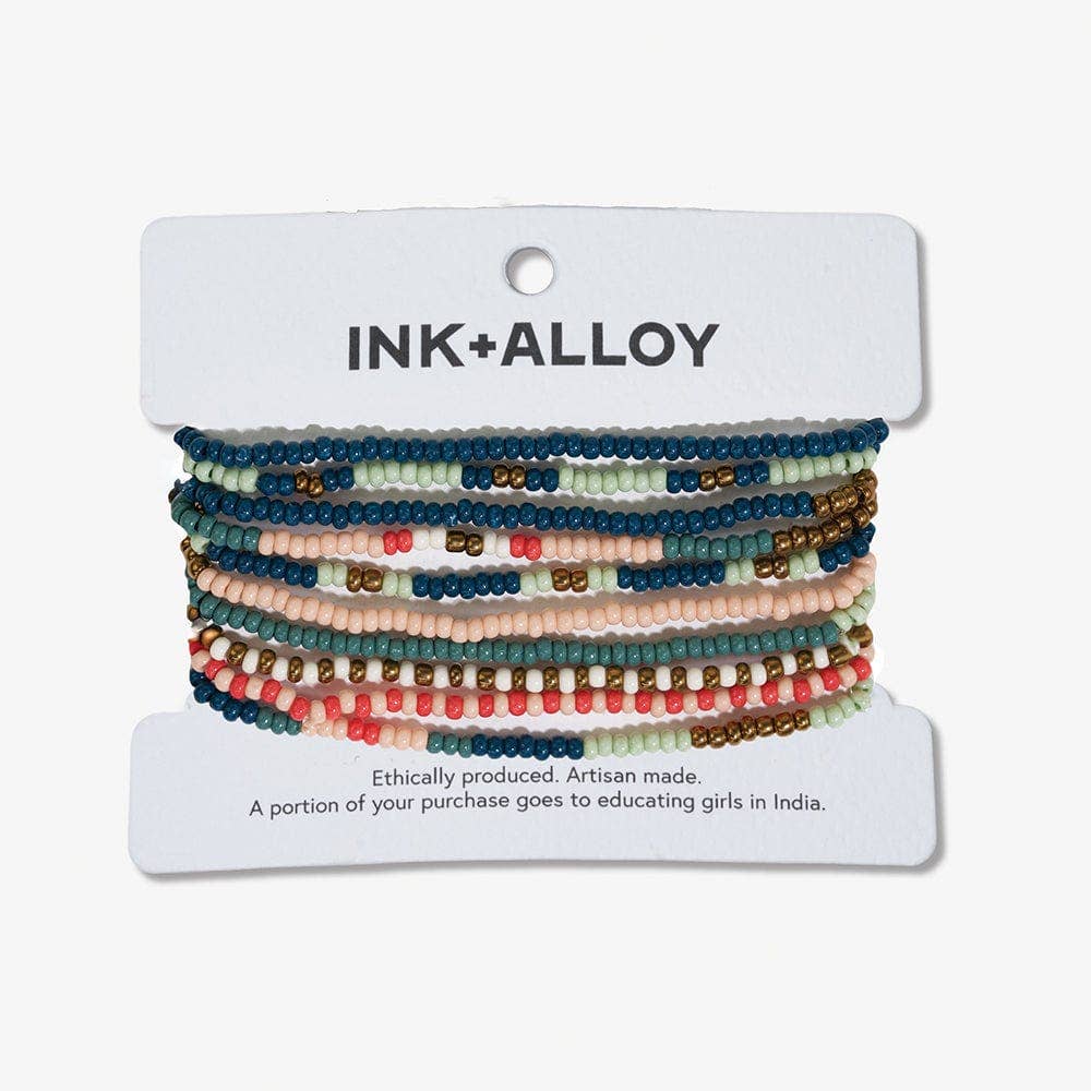 Sage Mixed Stripe Beaded 10 Strand Stretch Bracelet Set Teal + Poppy Wholesale