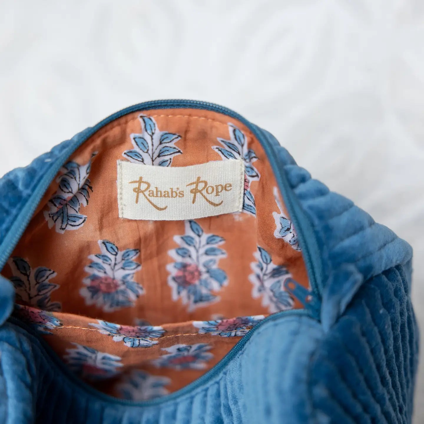 Velvet and Block Print Lined Cosmetic Pouch