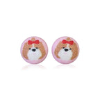 Fluffy Dog with Bow Fabric Button Earrings