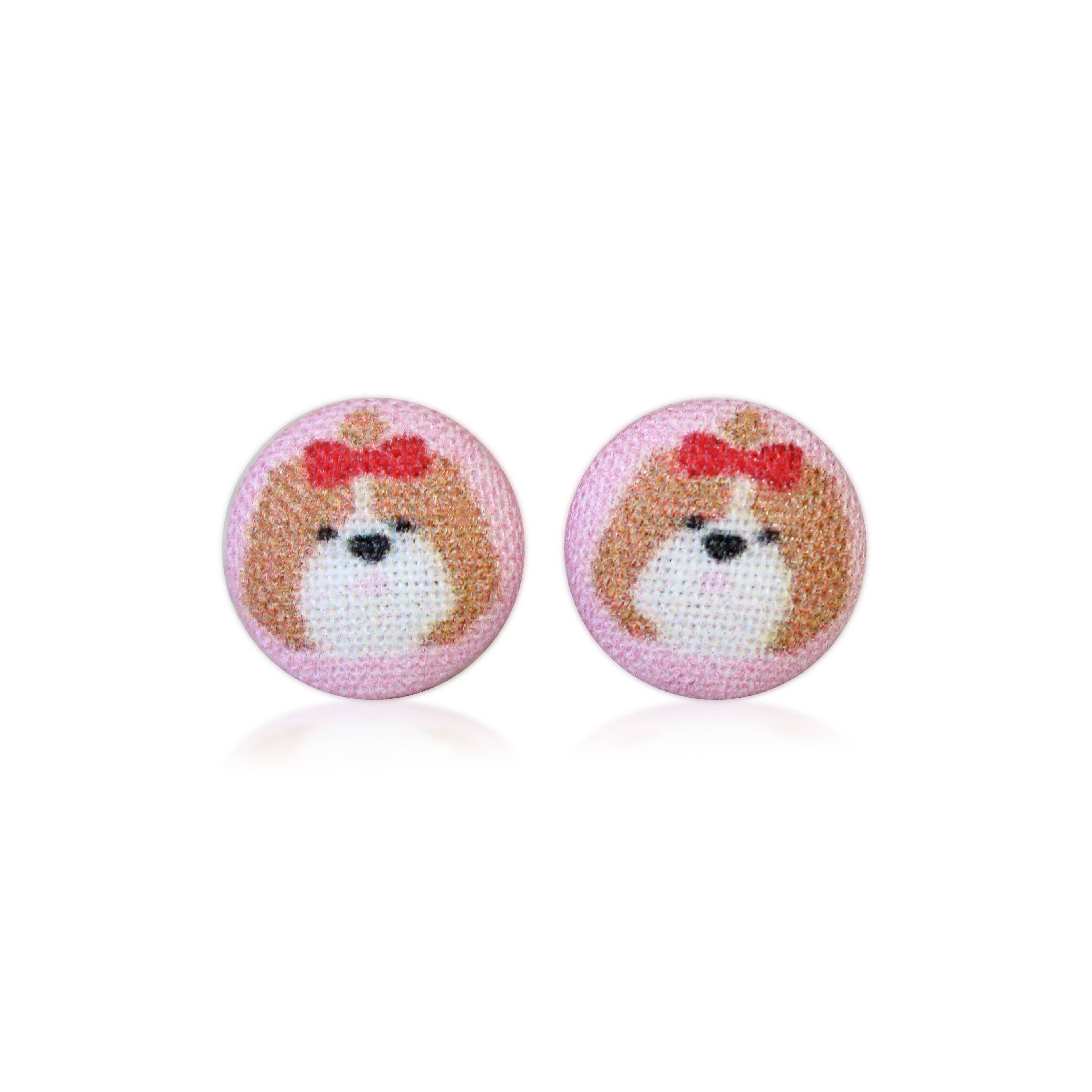 Fluffy Dog with Bow Fabric Button Earrings