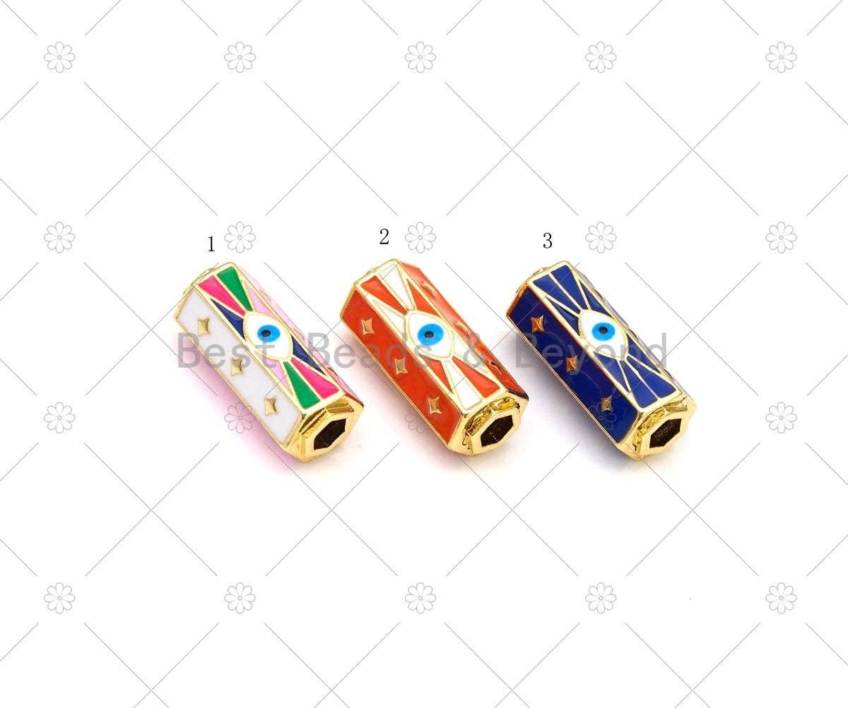 Enamel Evil Eye North Star On Hexagon Shape Large Hole Tube Spacer Beads, 18K Gold Filled Drum Barrel Beads,10x22mm, Sku#Y522: 1 White / 1pc