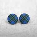 Blue Plaid Fabric Button Earrings