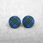 Blue Plaid Fabric Button Earrings