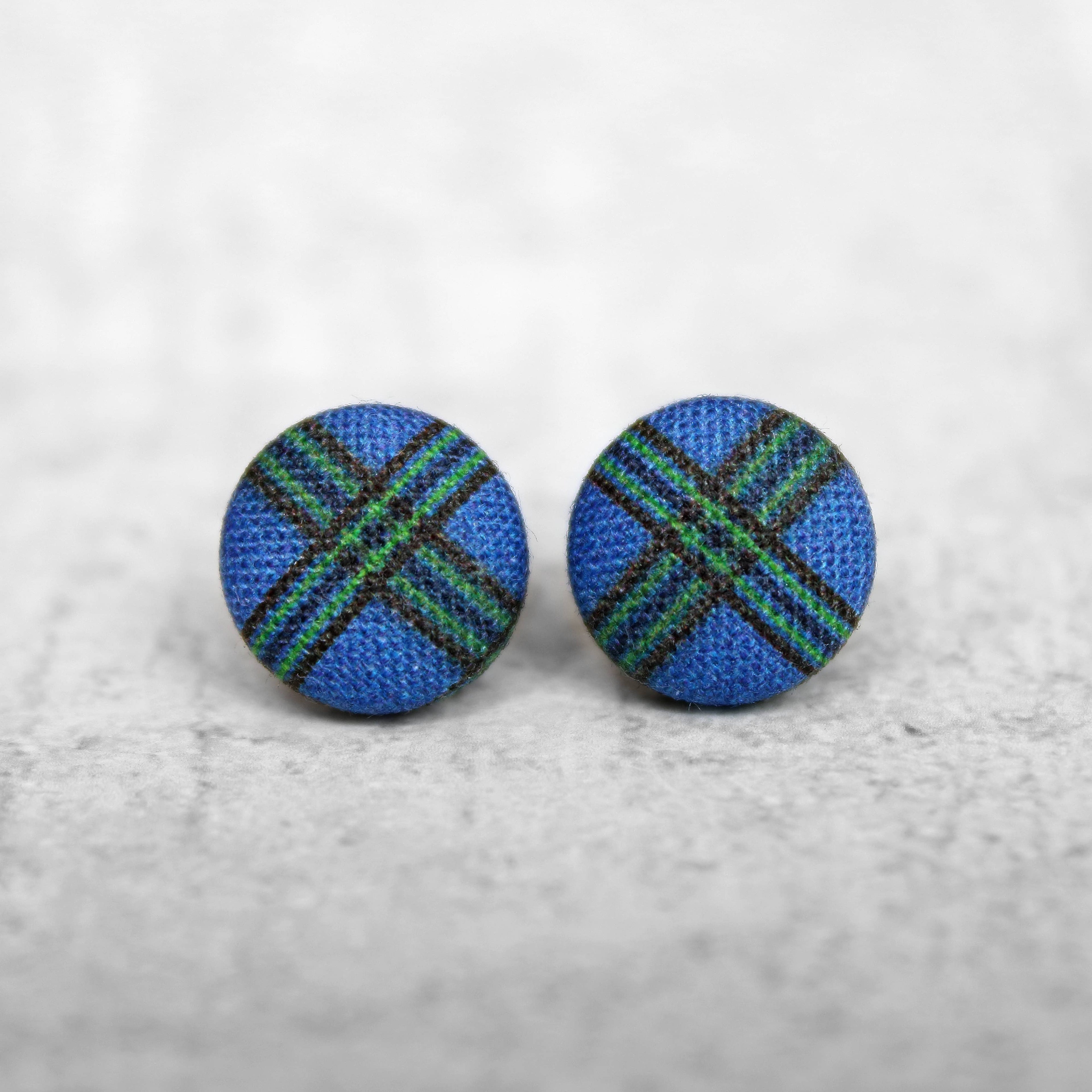 Blue Plaid Fabric Button Earrings