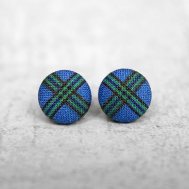 Blue Plaid Fabric Button Earrings