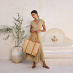 Oversized Rattan Square Weave Tote - Brown Leather