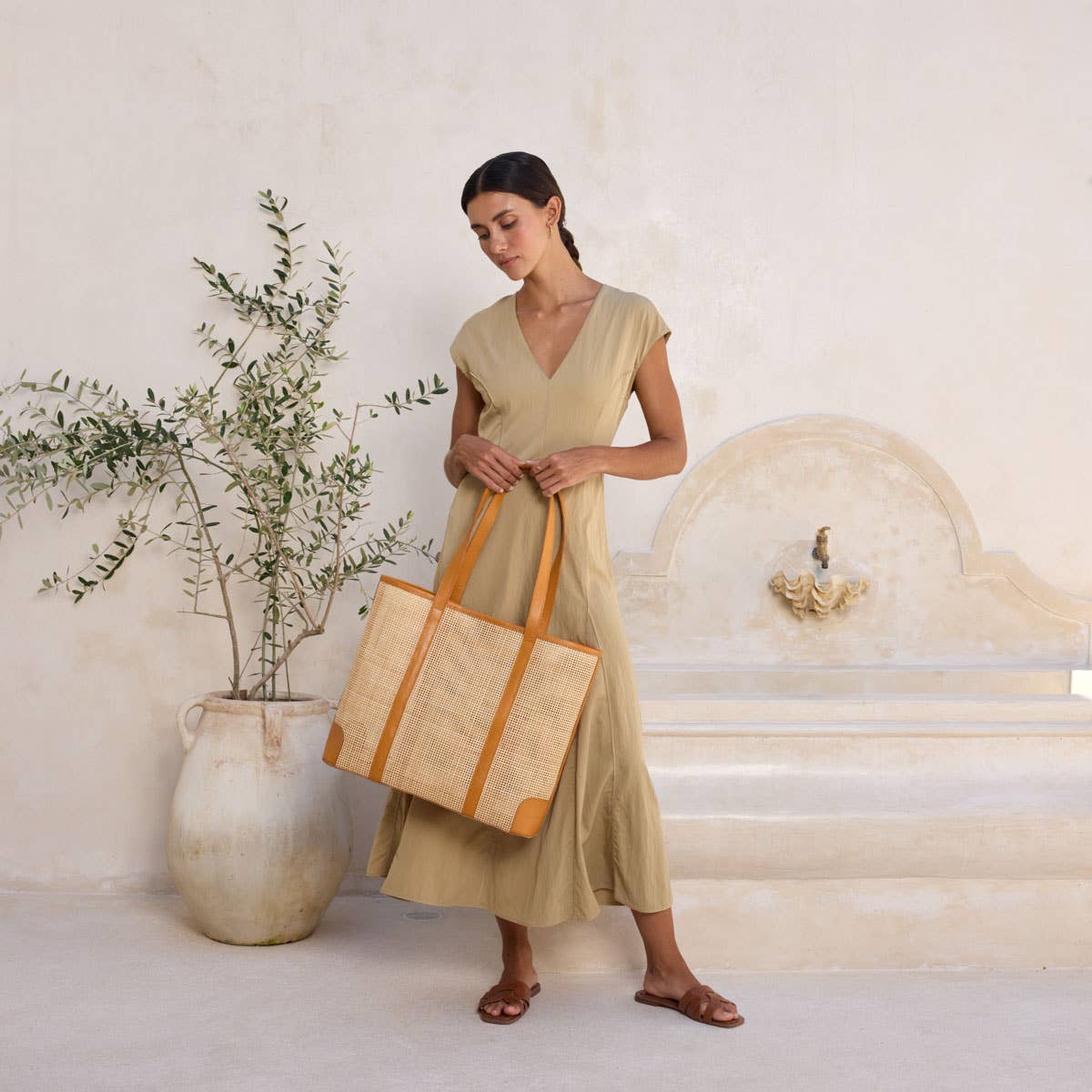 Oversized Rattan Square Weave Tote - Brown Leather