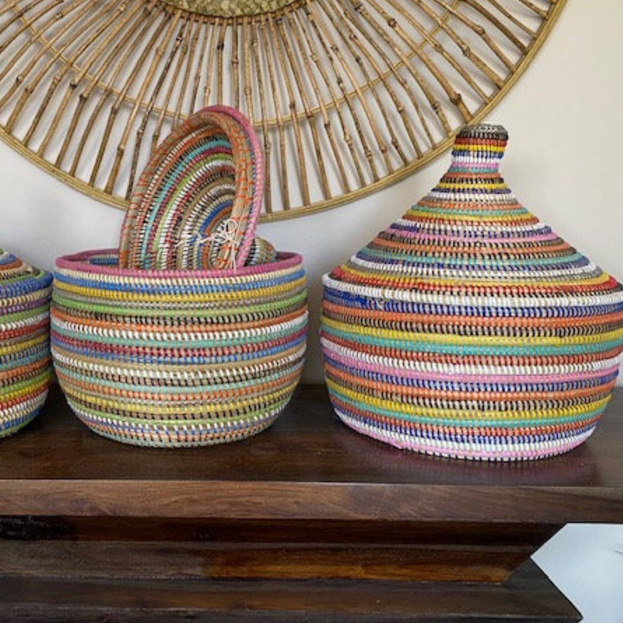 Small Sweet Grass Lidded Basket with Recycled Woven Accent