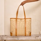 Oversized Rattan Square Weave Tote - Brown Leather