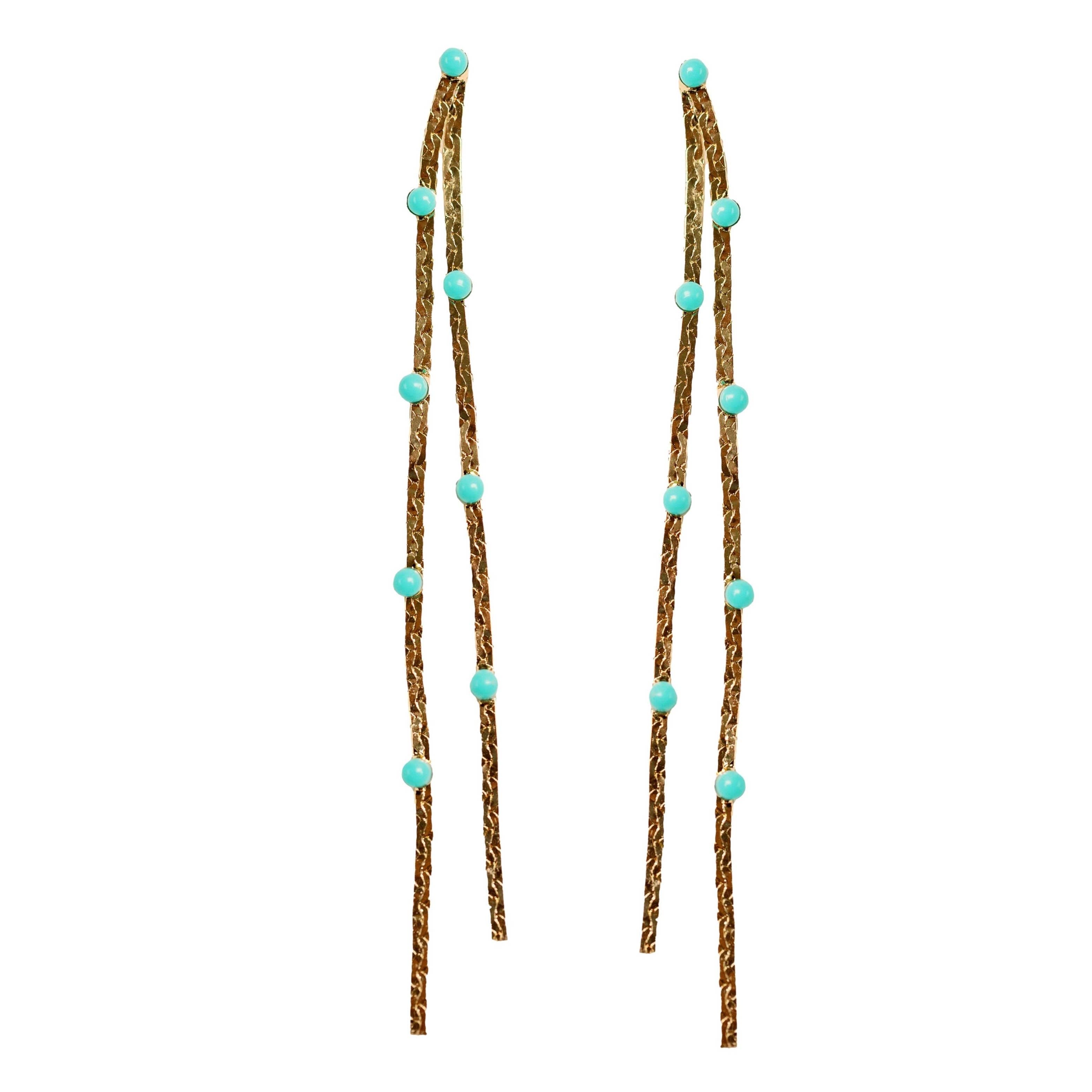 Turquoise Dotted Gold Duster Statement Earrings