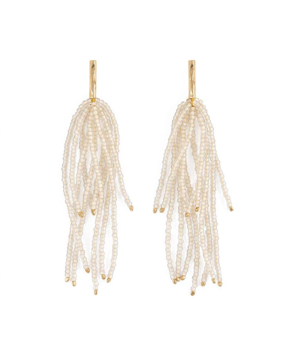Marissa Brass + Bead Fringe Earrings Cream