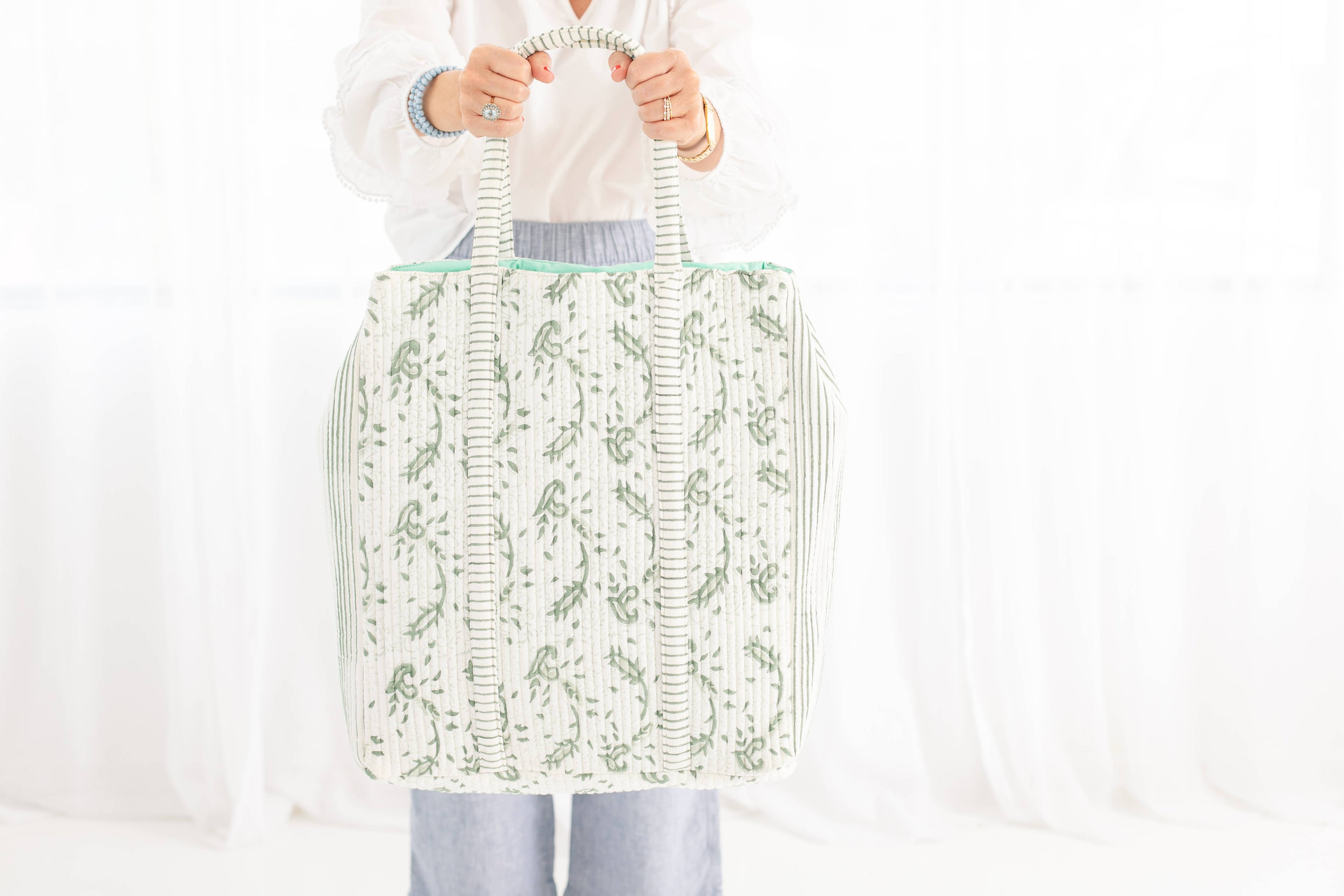 Citrus Green Quilted Block Print Tote