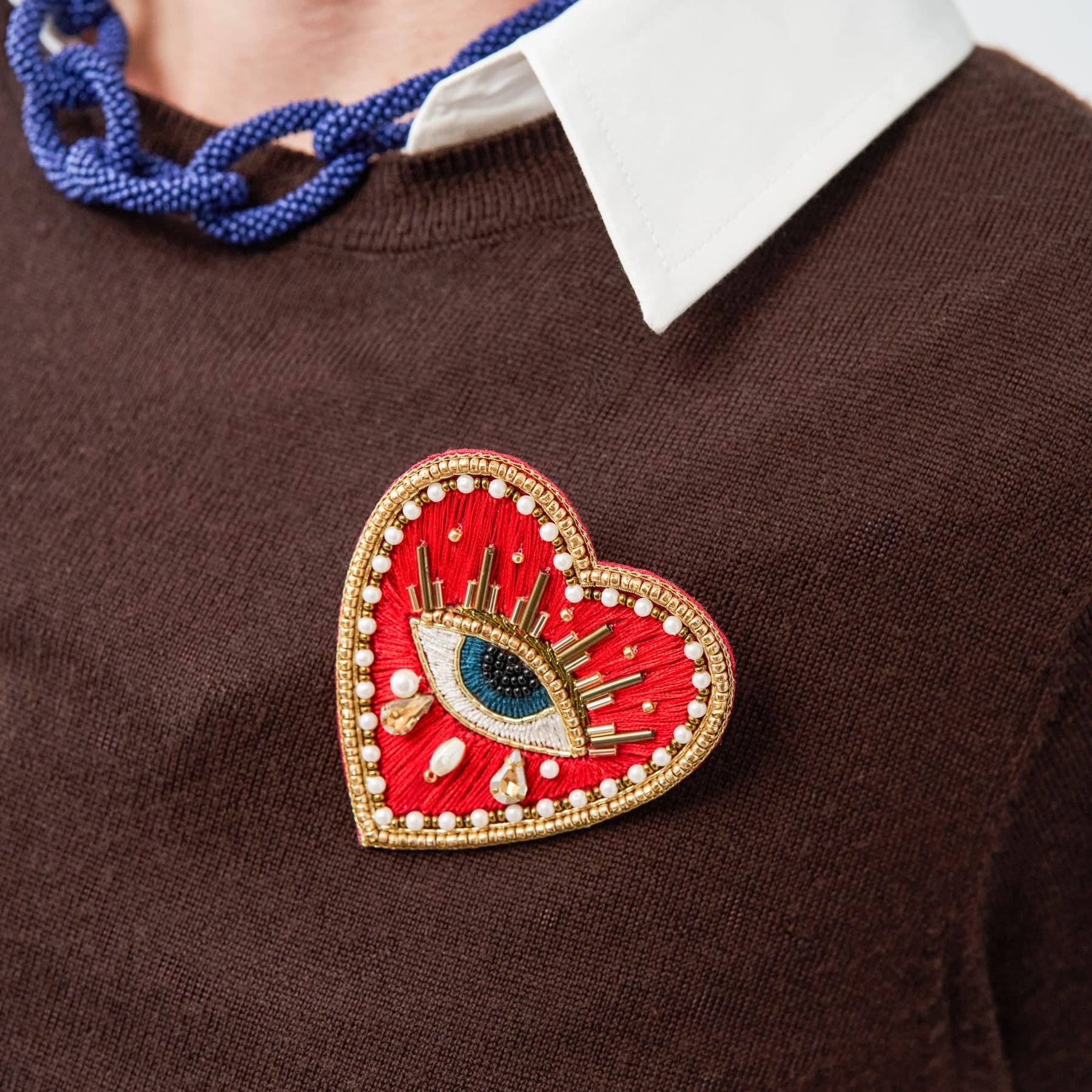 Avery Heart Eye Beaded Embroidered Brooch Red