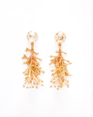 Beaded Handwoven Coral Fringe Earrings (White)