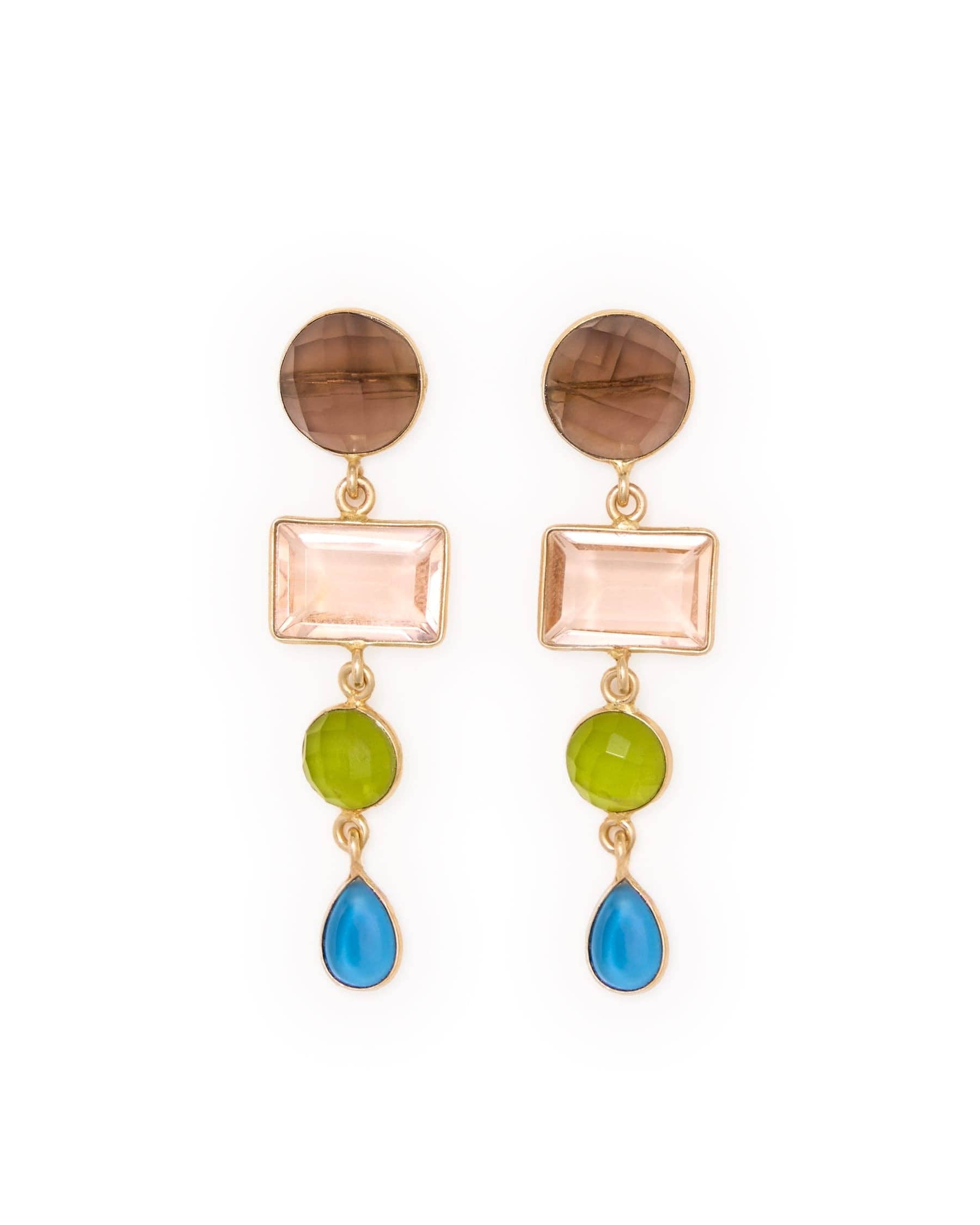 Natalie Dangle Glass + Smoky Quartz Stone Earrings Brass