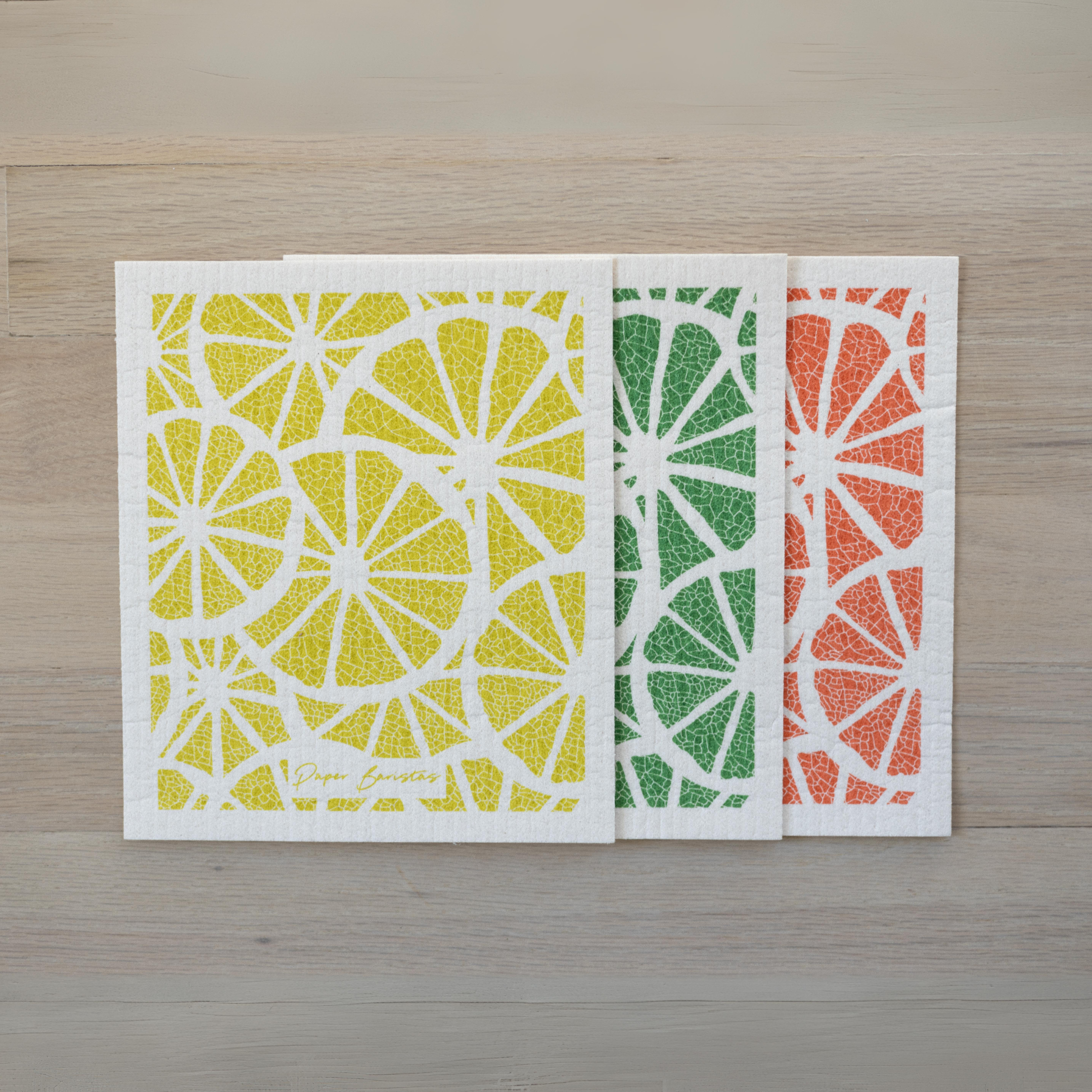 Set of 3 Swedish Dishcloth: Orange Yellow Green Citrus Fruit