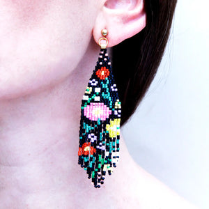 Black Wildflower Fringe Earrings