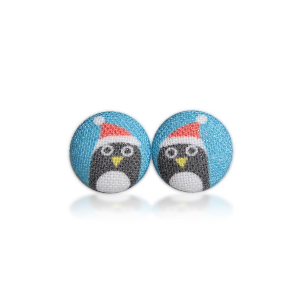 Santa Penguin Fabric Covered Button Earrings