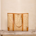 Oversized Rattan Square Weave Tote - Brown Leather
