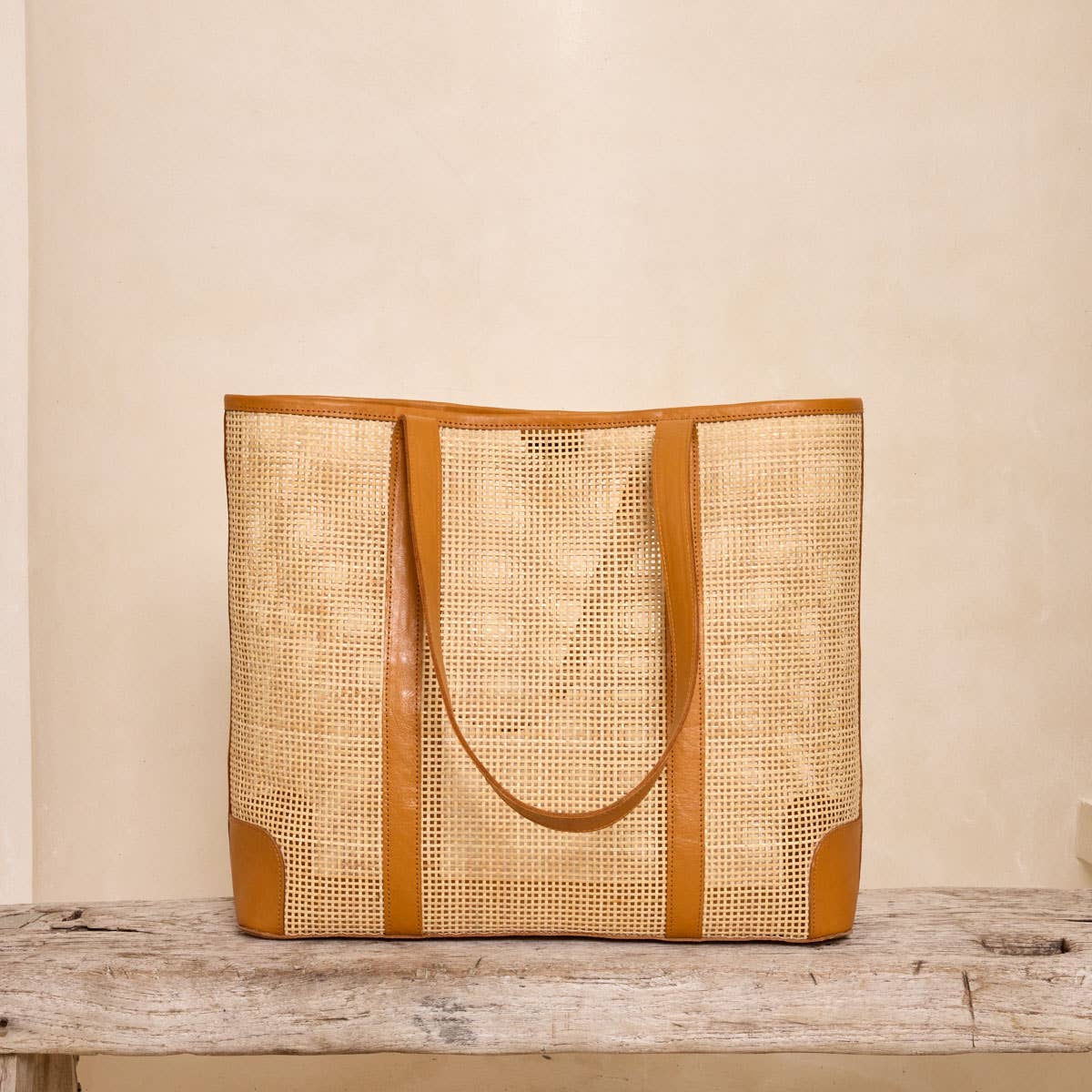 Oversized Rattan Square Weave Tote - Brown Leather