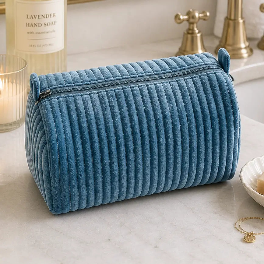 Velvet and Block Print Lined Cosmetic Pouch