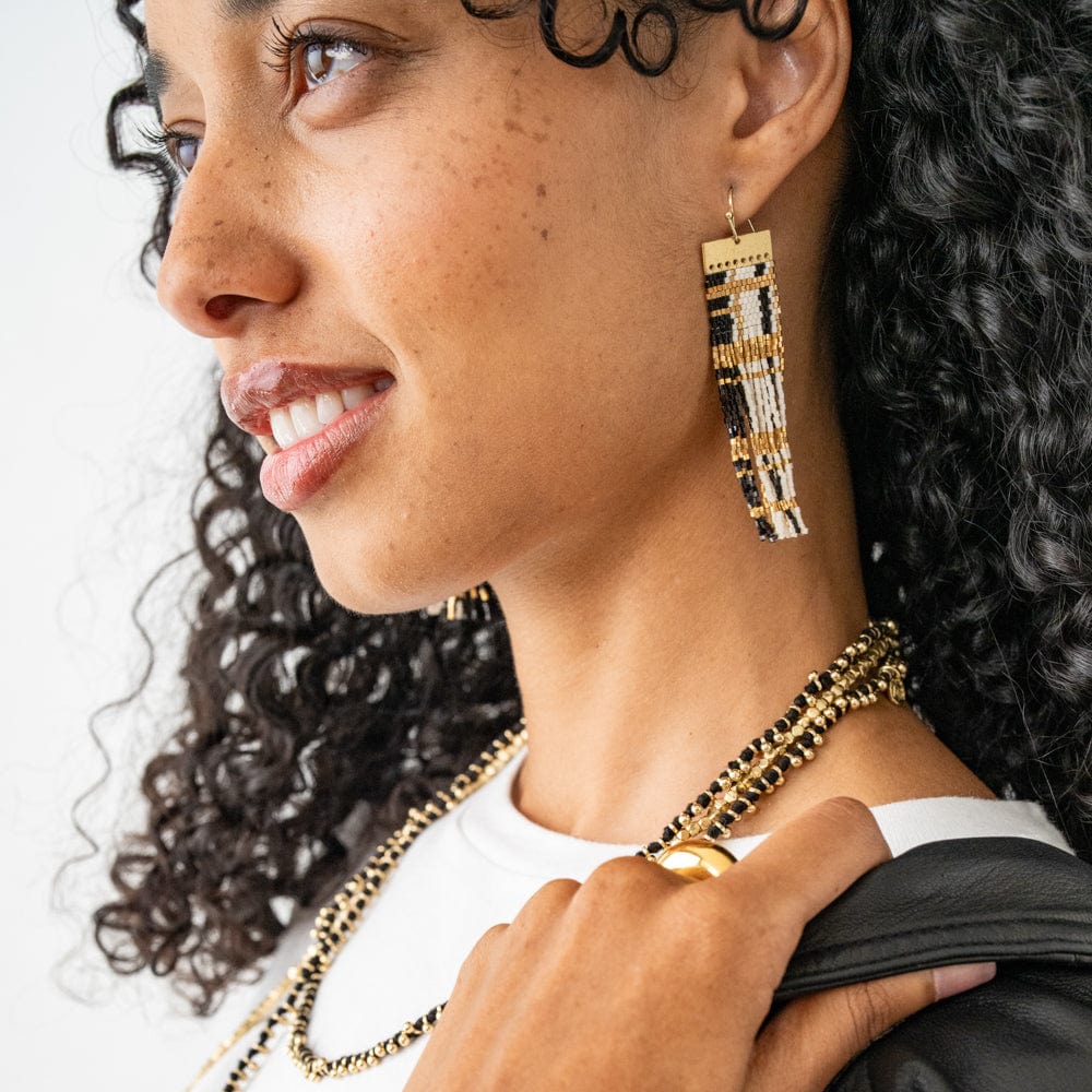 McKenzie Brass Bar Hanger Long Beaded Fringe Earrings