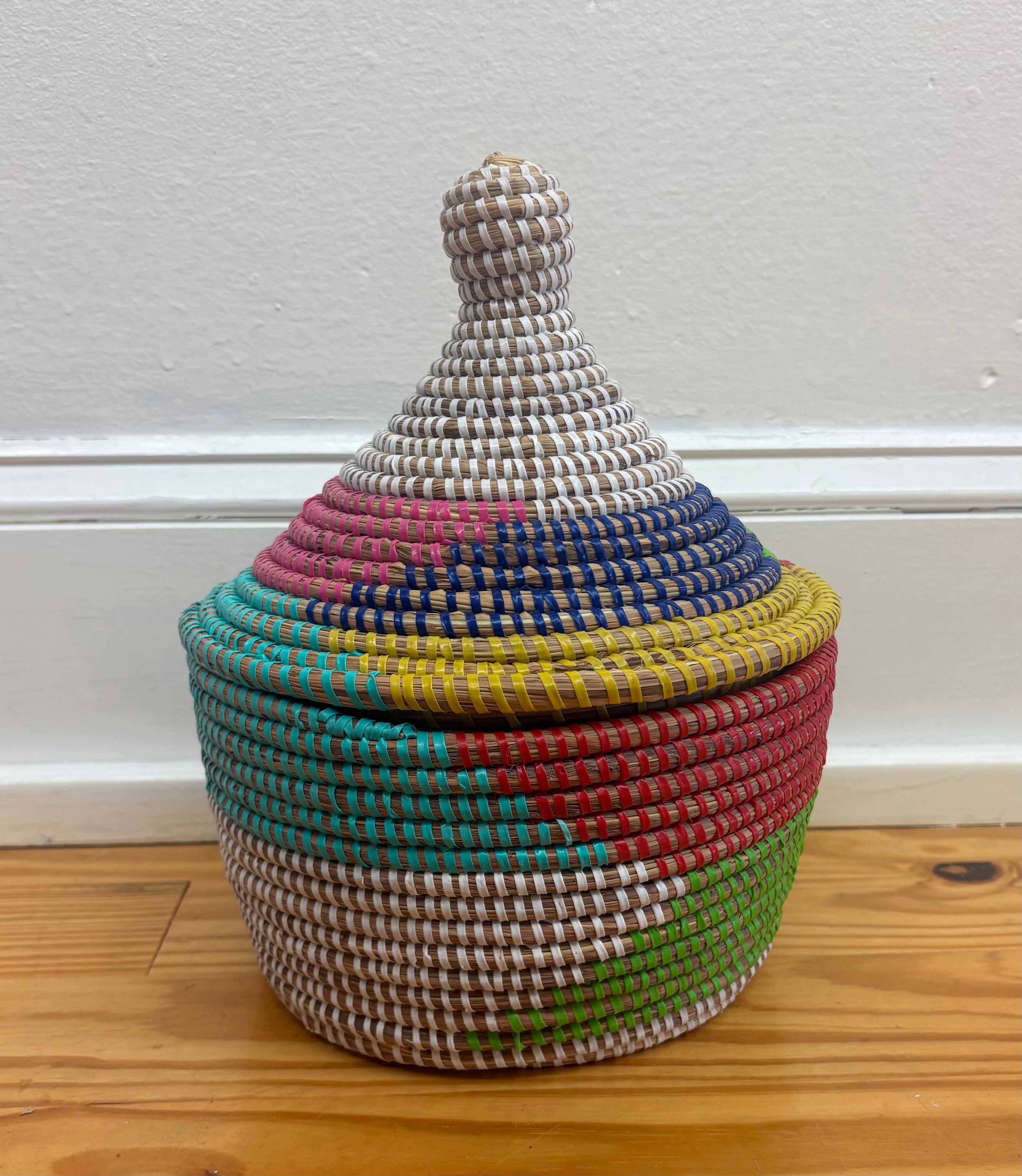 Small Sweet Grass Lidded Basket with Recycled Woven Accent