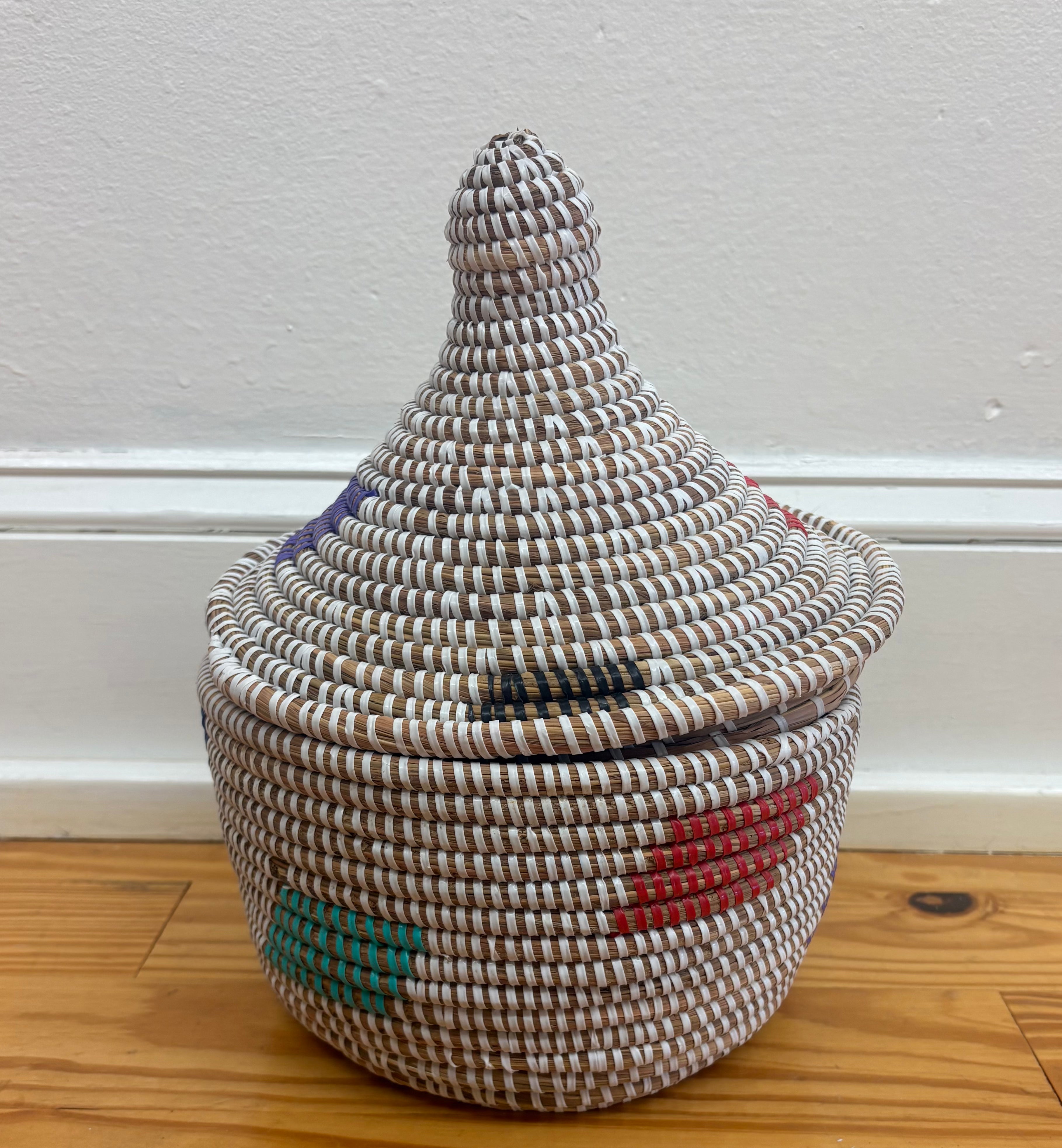 Small Sweet Grass Lidded Basket with Recycled Woven Accent