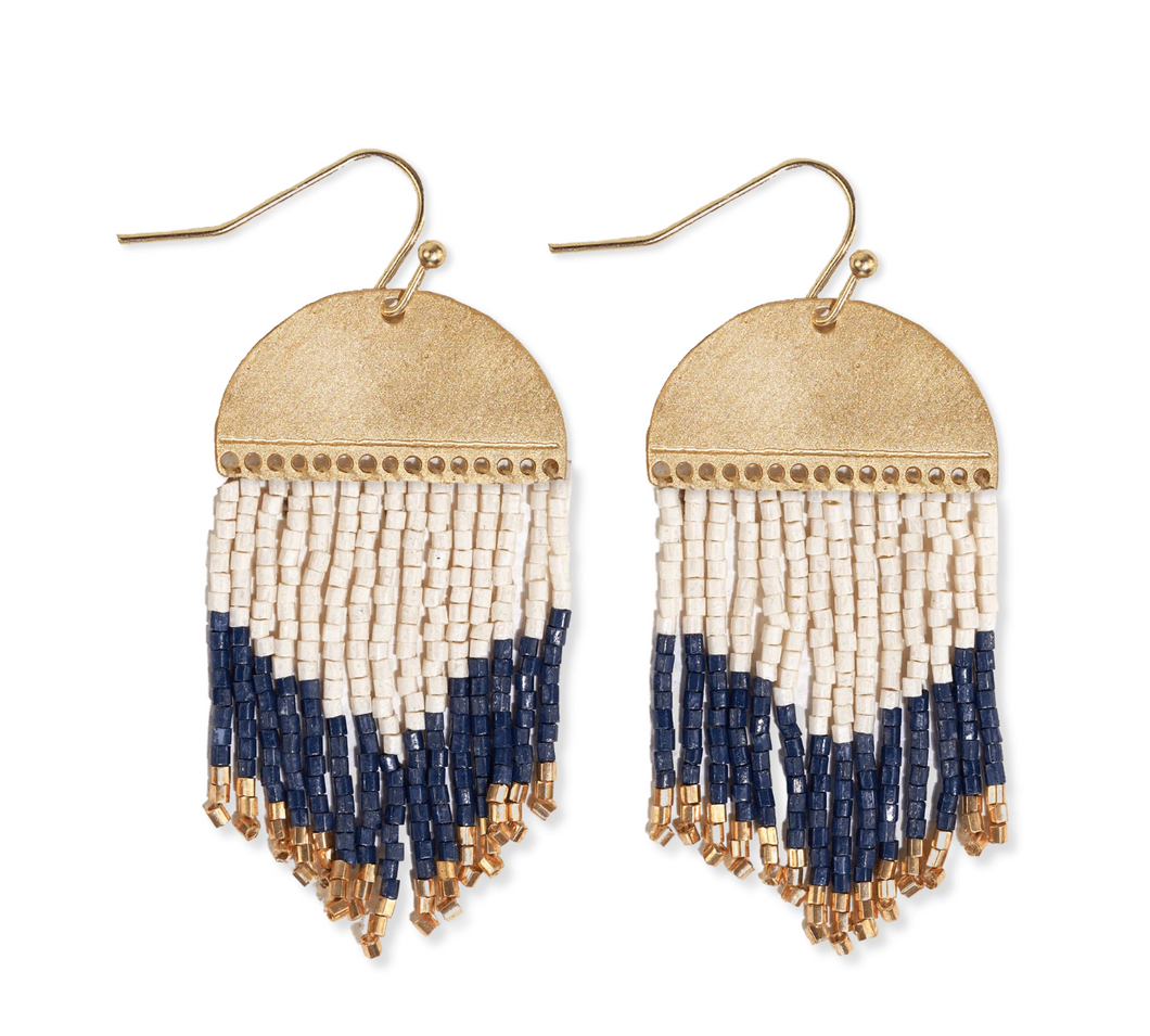 Claudia navy curve beaded fringe earrings