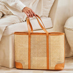 Oversized Rattan Tote Brown Leather