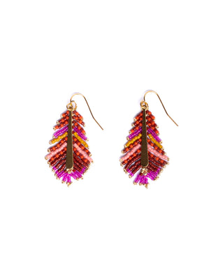 Beaded Handwoven Gilded Feather Earrings (Magenta/Orange)