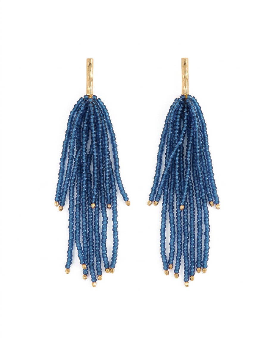 Marissa Brass + Bead Fringe Earrings Blue