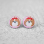 Fluffy Dog with Bow Fabric Button Earrings
