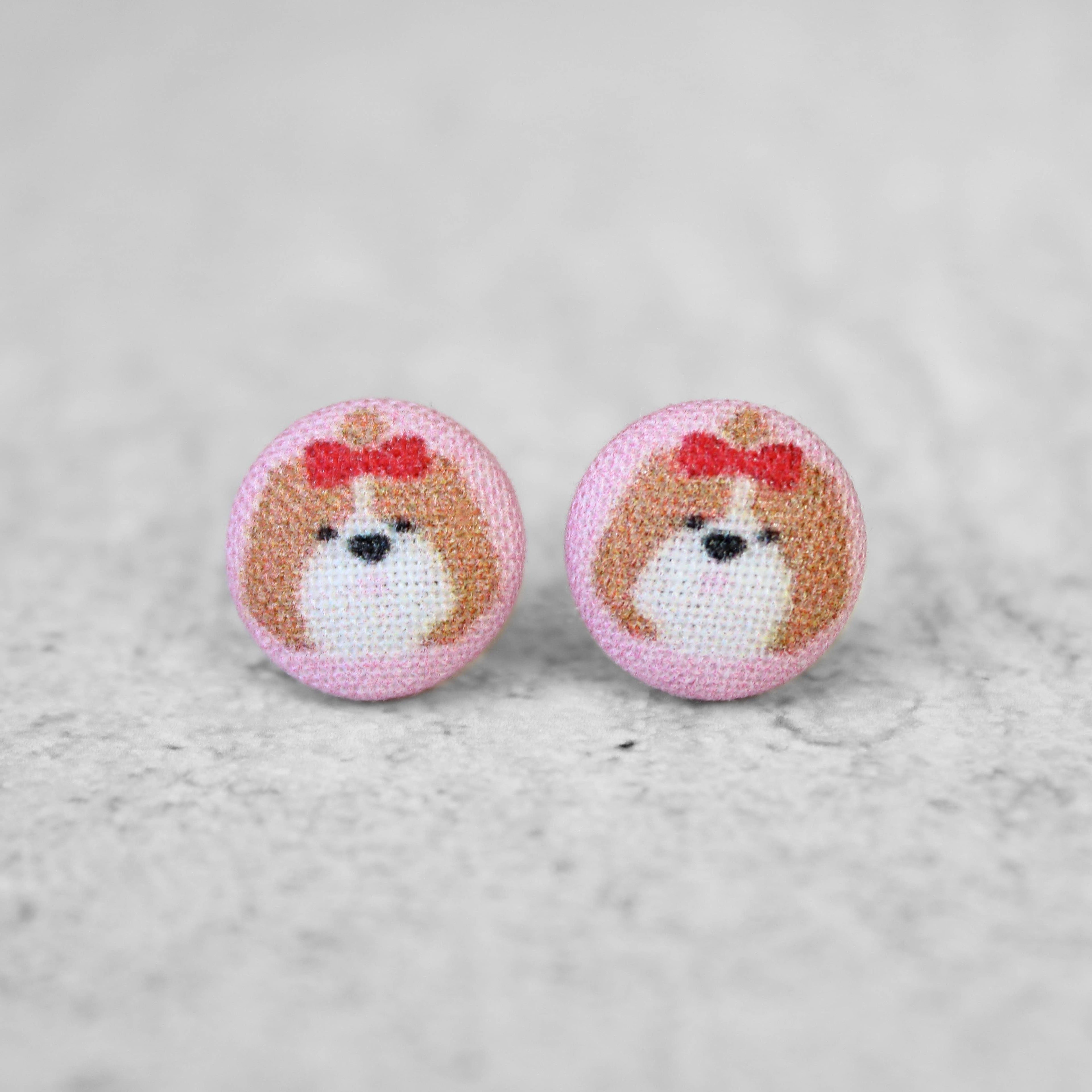 Fluffy Dog with Bow Fabric Button Earrings
